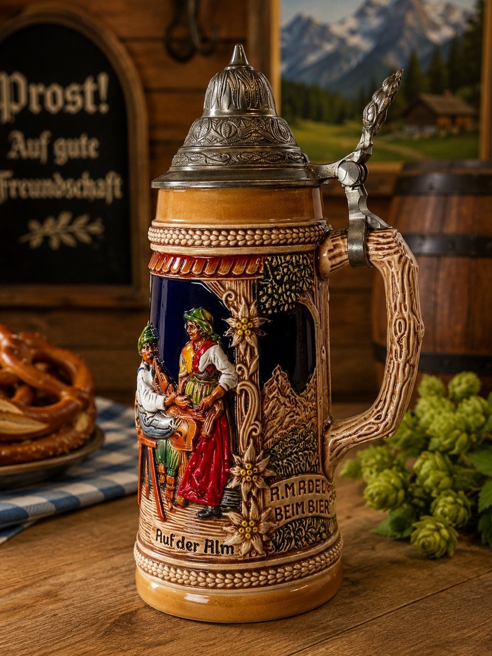 Vintage GERZ W Germany Auf der Alm Beer Stein Lidded Relief Cobalt German Mug
